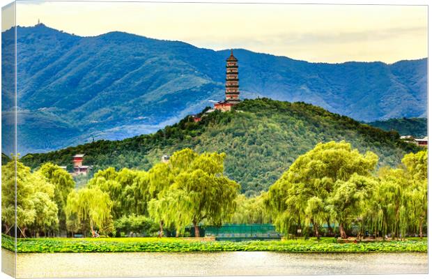Yue Feng Pagoda Lake Willow Trees Summer Palace Beijing China Canvas Print by William Perry