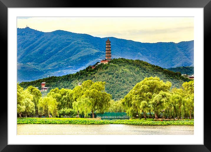 Yue Feng Pagoda Lake Willow Trees Summer Palace Beijing China Framed Mounted Print by William Perry