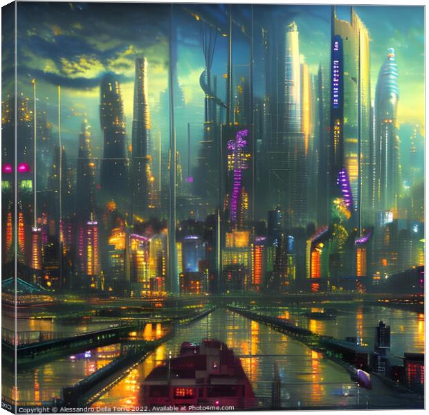 Abstract  cyberpunk city Canvas Print by Alessandro Della Torre