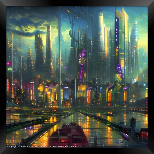 Abstract  cyberpunk city Framed Print by Alessandro Della Torre