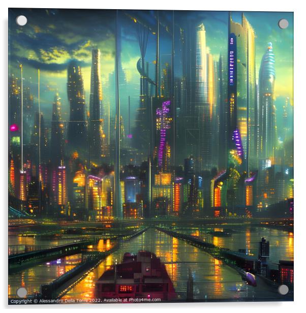 Abstract  cyberpunk city Acrylic by Alessandro Della Torre