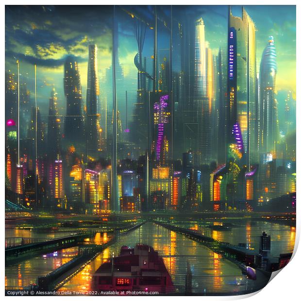 Abstract  cyberpunk city Print by Alessandro Della Torre