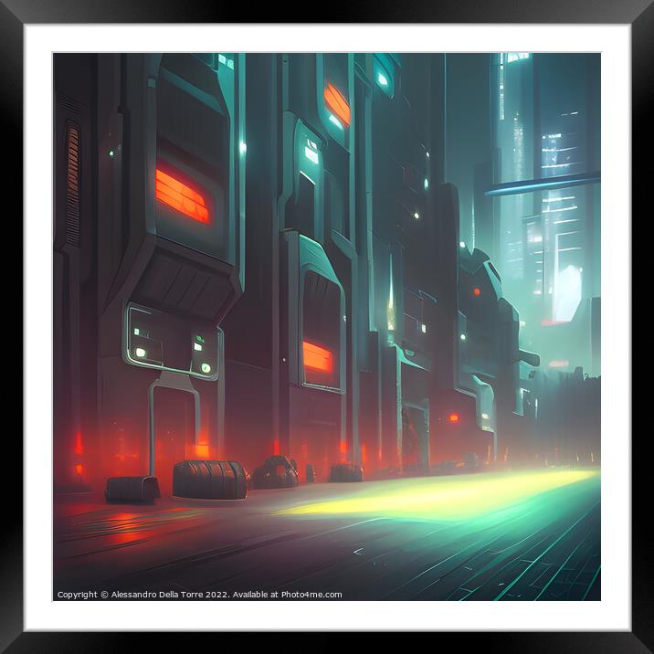 cityscape street cyberpunk Framed Mounted Print by Alessandro Della Torre