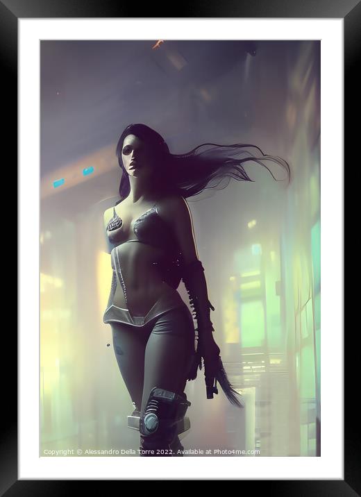 A cyberpunk woman posing in a city landscape Framed Mounted Print by Alessandro Della Torre