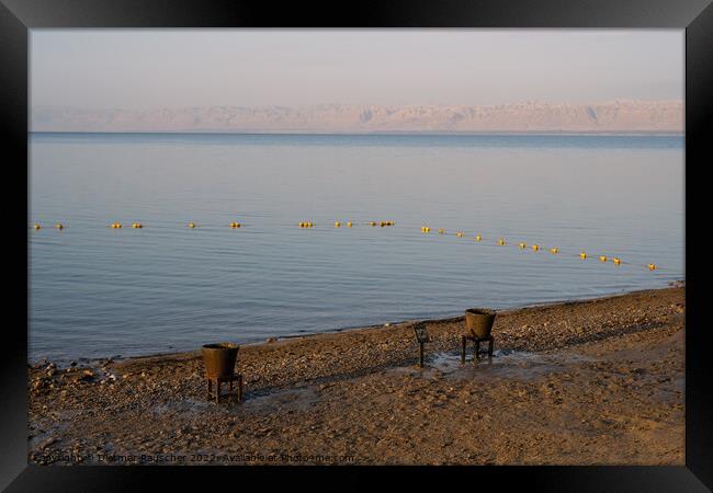 Dead Sea Beach with Mud Buckets in Jordan Framed Print by Dietmar Rauscher