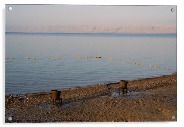 Dead Sea Beach with Mud Buckets in Jordan Acrylic by Dietmar Rauscher
