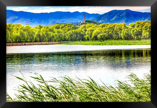 Yu Feng Pagoda Lake Reflection Summer Palace Willows Beijing Chi Framed Print by William Perry