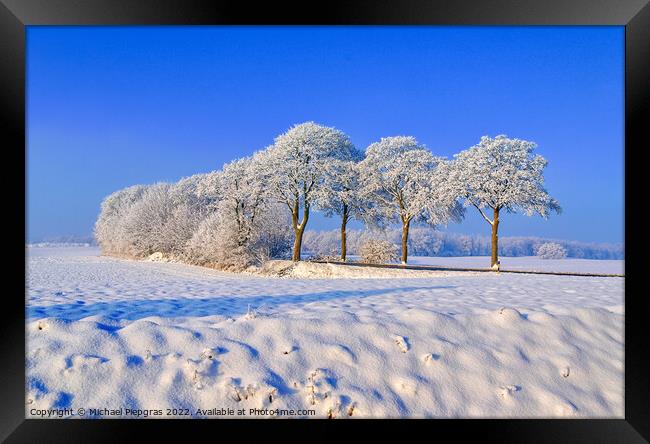 View of a snow-covered country road in winter with sunshine and  Framed Print by Michael Piepgras