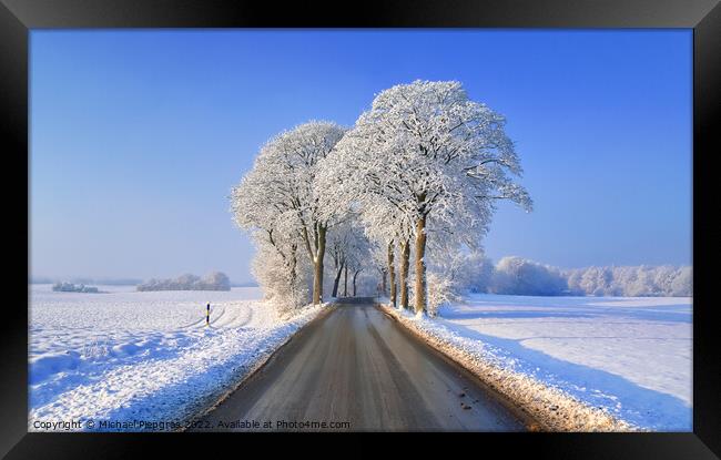 View of a snow-covered country road in winter with sunshine and  Framed Print by Michael Piepgras