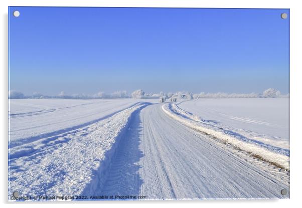 View of a snow-covered country road in winter with sunshine and blue sky Acrylic by Michael Piepgras