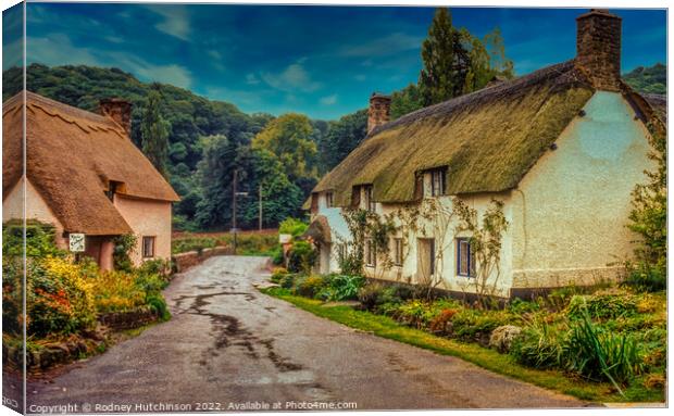 Idyllic Thatched Cottages in Dunster Canvas Print by Rodney Hutchinson