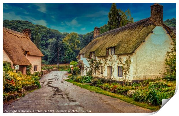 Idyllic Thatched Cottages in Dunster Print by Rodney Hutchinson