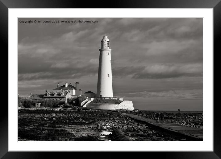 Morning walk to St Mary's Island - Monochrome Framed Mounted Print by Jim Jones