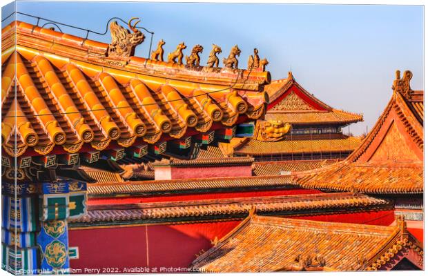 Roof Figurines Yellow Roofs Forbidden City Palace Beijing China Canvas Print by William Perry