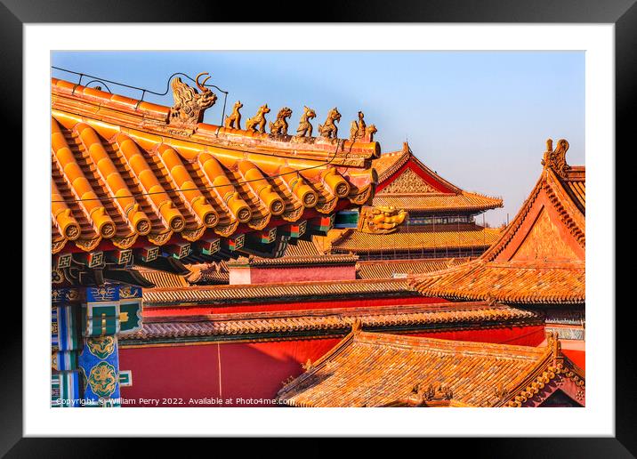 Roof Figurines Yellow Roofs Forbidden City Palace Beijing China Framed Mounted Print by William Perry