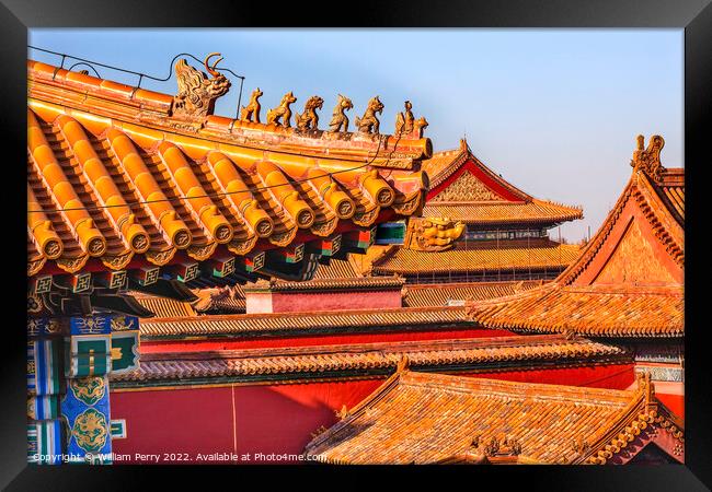 Roof Figurines Yellow Roofs Forbidden City Palace Beijing China Framed Print by William Perry