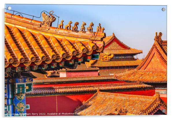Roof Figurines Yellow Roofs Forbidden City Palace Beijing China Acrylic by William Perry
