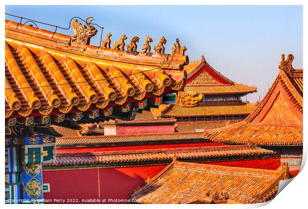 Roof Figurines Yellow Roofs Forbidden City Palace Beijing China Print by William Perry