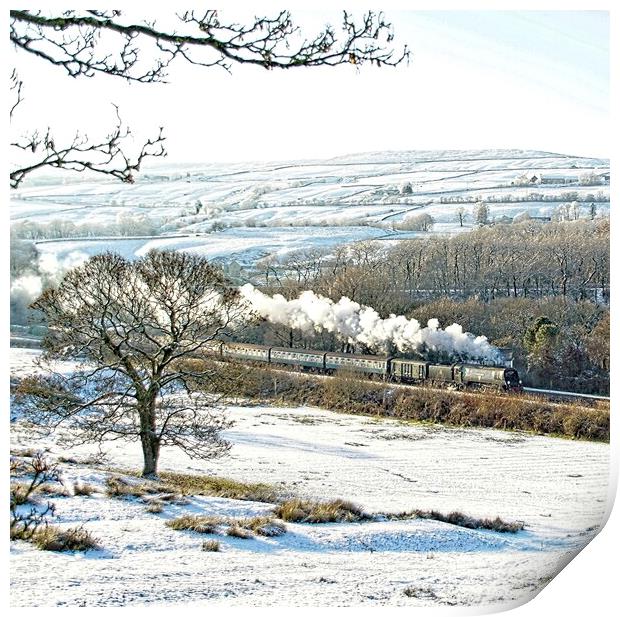 Steam train in a snowy landscape. Print by David Birchall