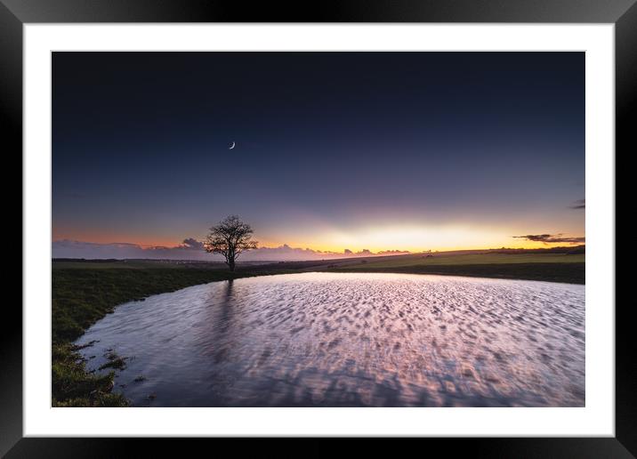 Sunset at the Dew Pond on Ditchling Beacon Framed Mounted Print by Mark Jones