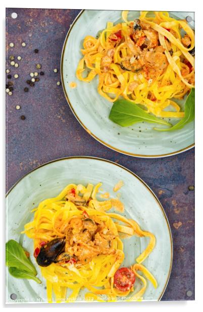 Italian pasta Tagliatelle with seafood. Acrylic by Mykola Lunov Mykola