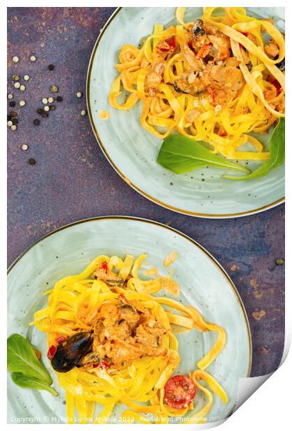 Italian pasta Tagliatelle with seafood. Print by Mykola Lunov Mykola