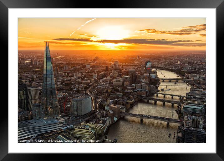 Aerial Shard skyscraper sunset view London Capital UK Framed Mounted Print by Spotmatik 