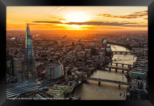 Aerial Shard skyscraper sunset view London Capital UK Framed Print by Spotmatik 