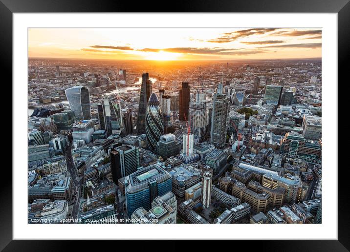 Aerial London sunset financial district city skyscrapers UK Framed Mounted Print by Spotmatik 