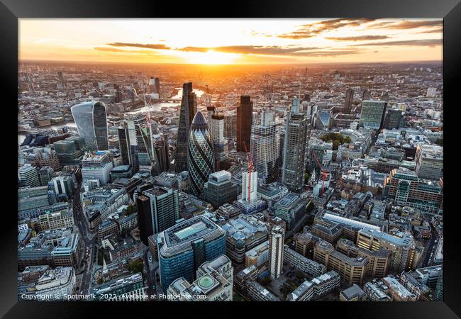Aerial London sunset financial district city skyscrapers UK Framed Print by Spotmatik 