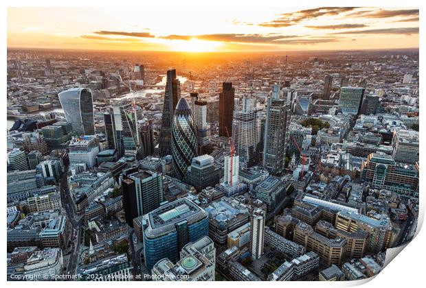 Aerial London sunset financial district city skyscrapers UK Print by Spotmatik 