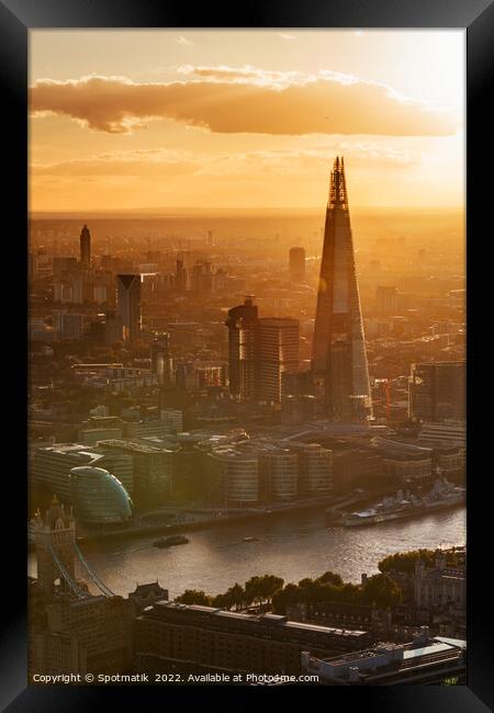 Aerial London sunset view Shard river Thames England Framed Print by Spotmatik 