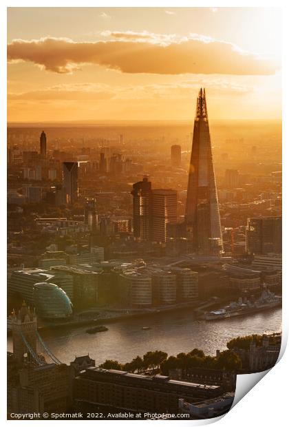 Aerial London sunset view Shard river Thames England Print by Spotmatik 