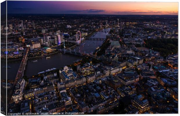 Aerial dusk cityscape view London city river Thames  Canvas Print by Spotmatik 
