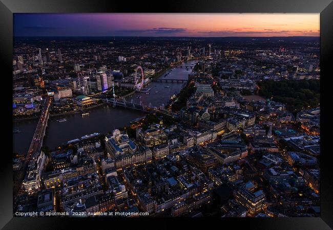 Aerial dusk cityscape view London city river Thames  Framed Print by Spotmatik 