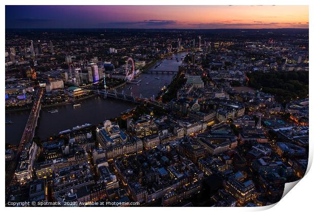 Aerial dusk cityscape view London city river Thames  Print by Spotmatik 