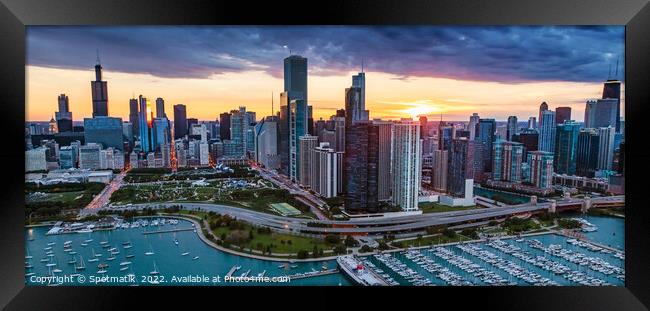 Aerial sunset storm Chicago Waterfront Millennium Park USA Framed Print by Spotmatik 