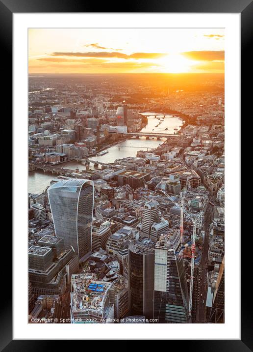 Aerial sunset London Landscape city Financial district UK Framed Mounted Print by Spotmatik 