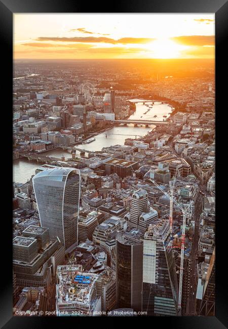 Aerial sunset London Landscape city Financial district UK Framed Print by Spotmatik 