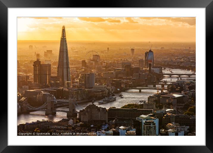Aerial London sunset Tower Bridge river Thames UK Framed Mounted Print by Spotmatik 