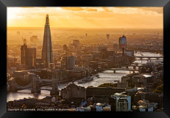 Aerial London sunset Tower Bridge river Thames UK Framed Print by Spotmatik 