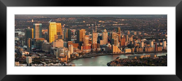 Aerial Panorama London view at sunset Canary Wharf  Framed Mounted Print by Spotmatik 
