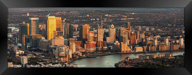 Aerial Panorama London view at sunset Canary Wharf  Framed Print by Spotmatik 