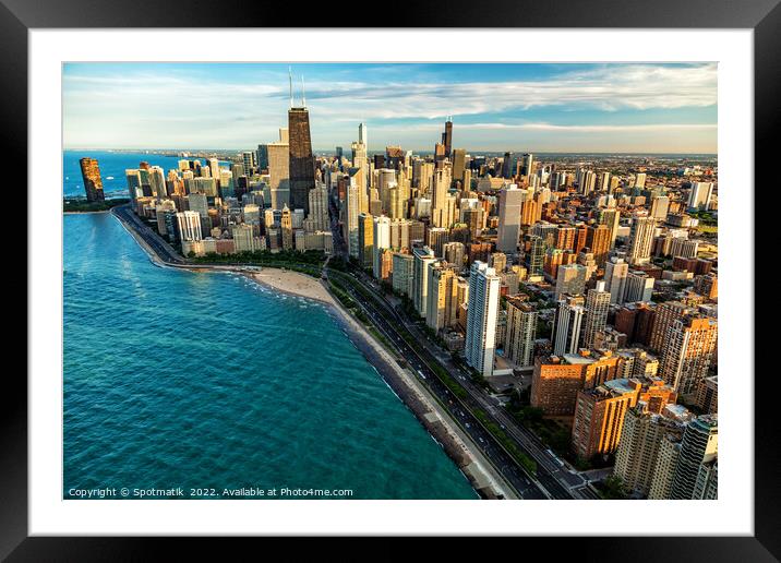 Aerial Chicago skyscrapers Oak Street Beach Lake Michigan  Framed Mounted Print by Spotmatik 
