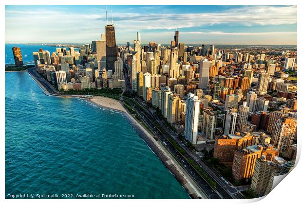 Aerial Chicago skyscrapers Oak Street Beach Lake Michigan  Print by Spotmatik 