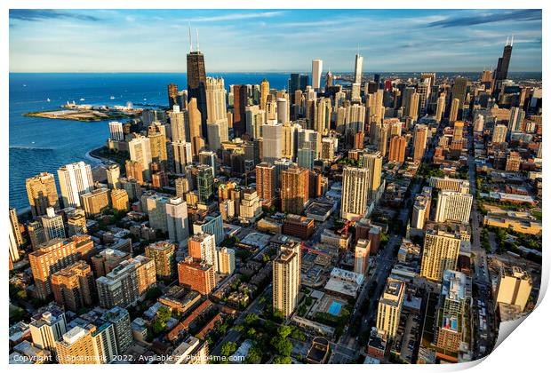 Aerial Chicago downtown financial district skyline Illinois USA Print by Spotmatik 