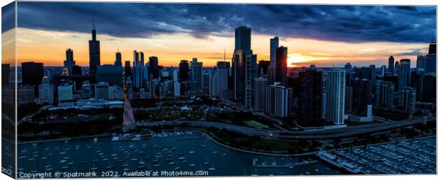 Panoramic Aerial Chicago sunset view of harbor shoreline marina Canvas Print by Spotmatik 