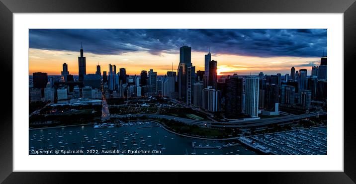 Panoramic Aerial Chicago sunset view of harbor shoreline marina Framed Mounted Print by Spotmatik 
