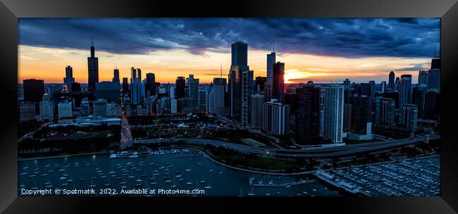 Panoramic Aerial Chicago sunset view of harbor shoreline marina Framed Print by Spotmatik 