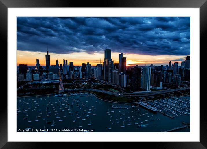 Aerial sunset storm view Chicago Waterfront Millennium Park USA Framed Mounted Print by Spotmatik 
